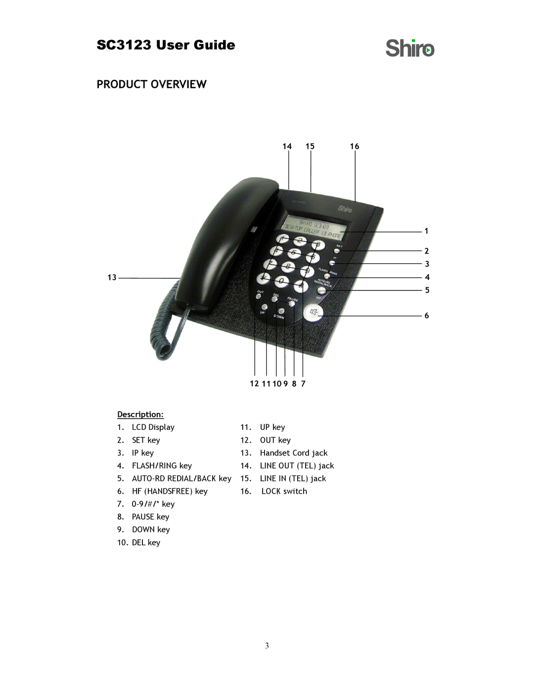 Shiro SC3123 user manual Product Overview, 134 12 11 10 9 8 Description 