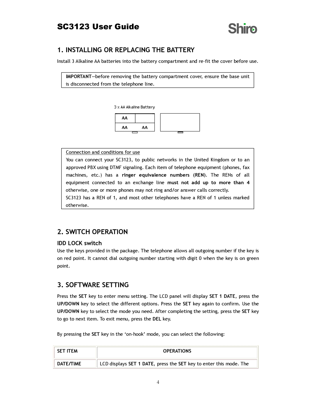 Shiro SC3123 user manual Installing or Replacing the Battery, Switch Operation, Software Setting 