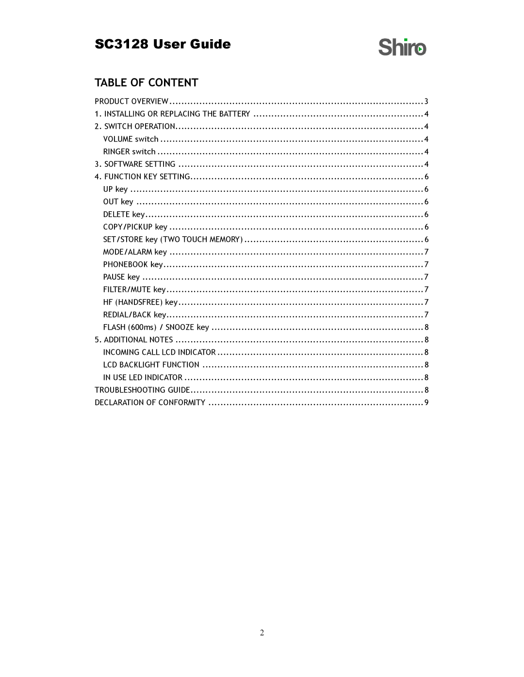 Shiro SC3128 user manual Table of Content, Software Setting Function KEY Setting 