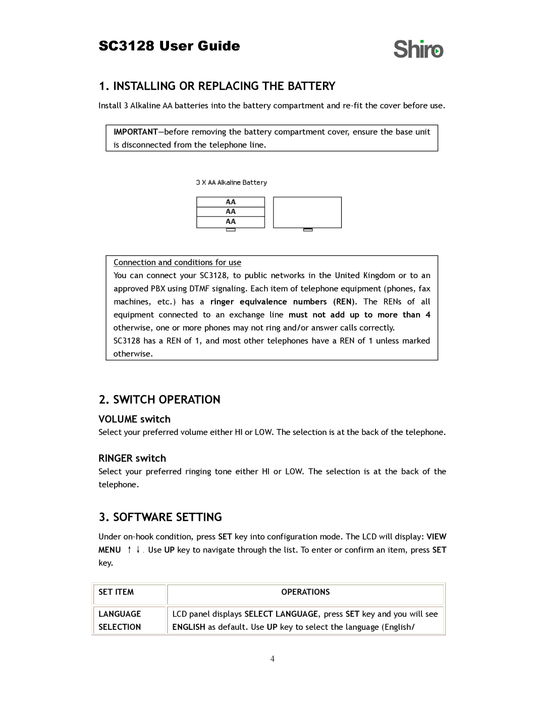 Shiro SC3128 Installing or Replacing the Battery, Switch Operation, Software Setting, Volume switch, Ringer switch 