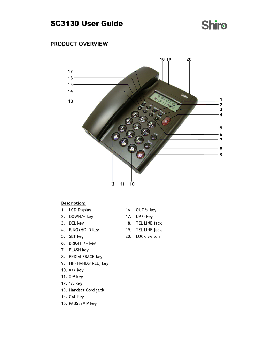 Shiro SC3130 user manual Product Overview, Description 