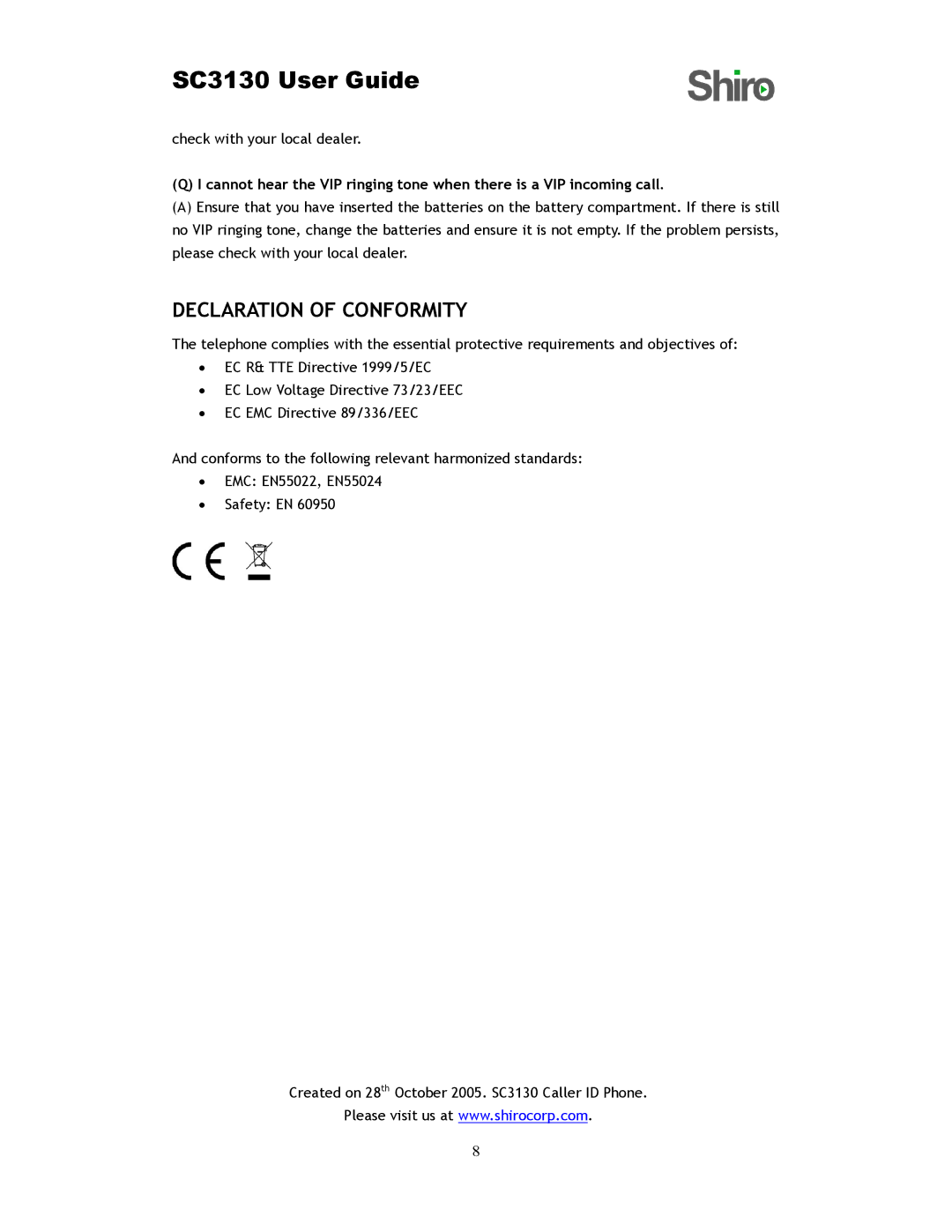 Shiro SC3130 user manual Declaration of Conformity 