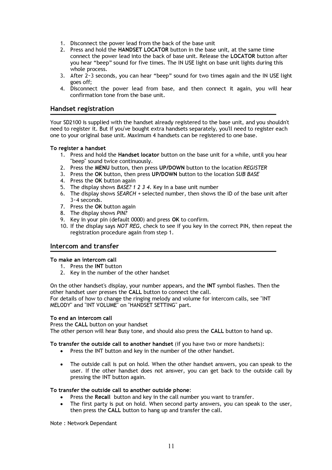 Shiro SD2100 user manual Handset registration, Intercom and transfer 