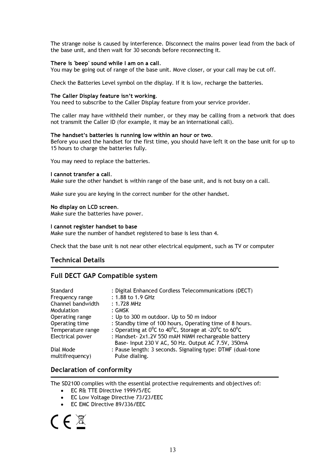 Shiro SD2100 user manual Technical Details Full Dect GAP Compatible system, Declaration of conformity 