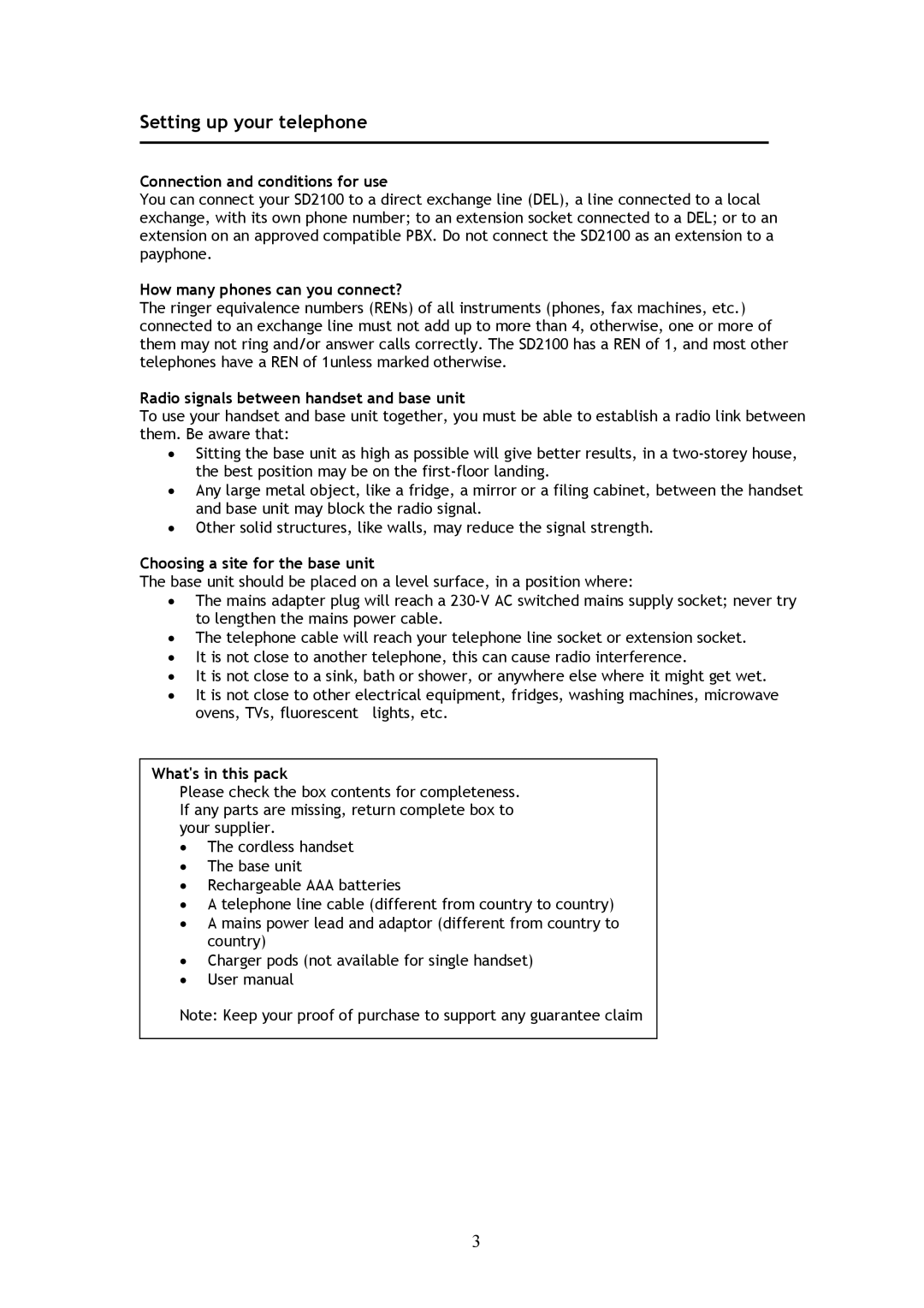 Shiro SD2100 user manual Setting up your telephone 