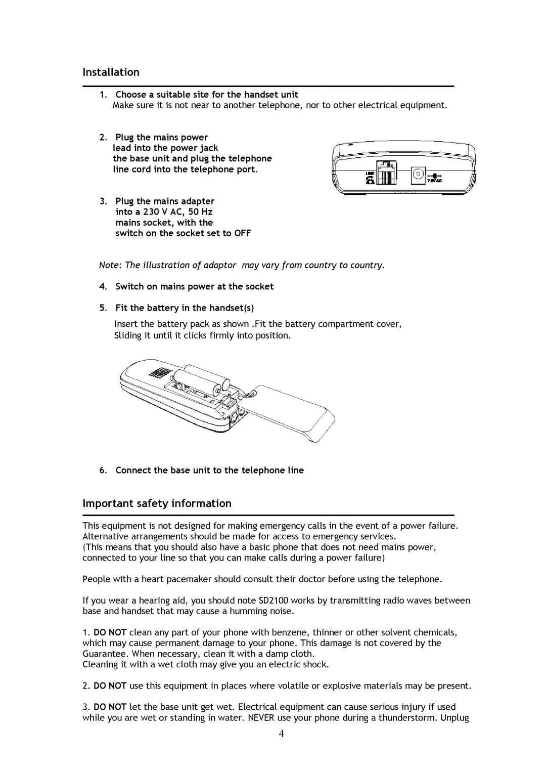 Shiro SD2100 user manual Installation, Important safety information, Choose a suitable site for the handset unit 