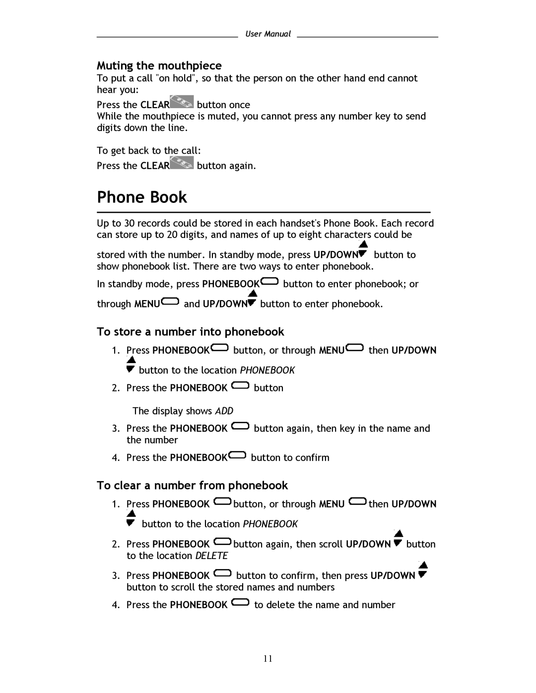 Shiro SD8101 Phone Book, Muting the mouthpiece, To store a number into phonebook, To clear a number from phonebook 