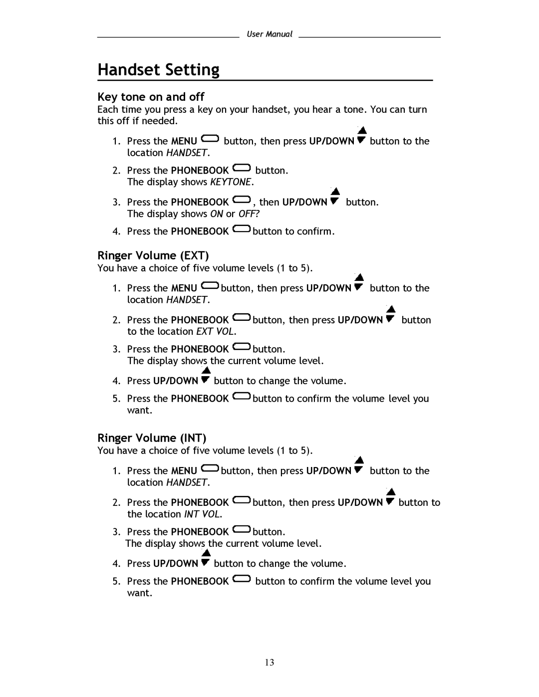 Shiro SD8101 user manual Handset Setting, Key tone on and off, Ringer Volume EXT, Ringer Volume INT 