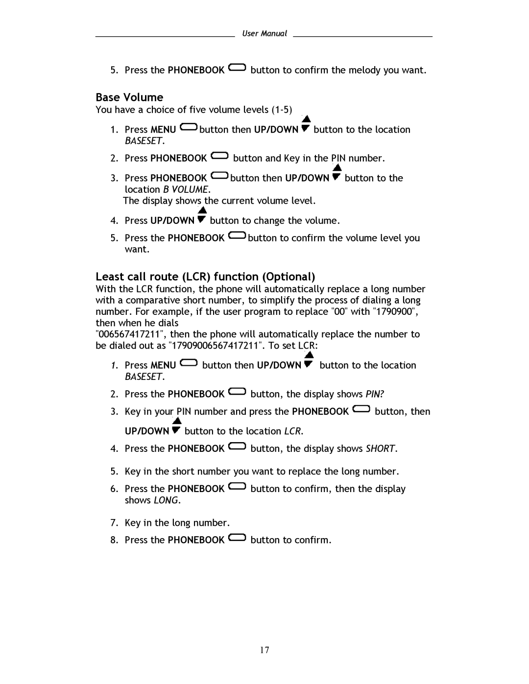 Shiro SD8101 user manual Base Volume, Least call route LCR function Optional 