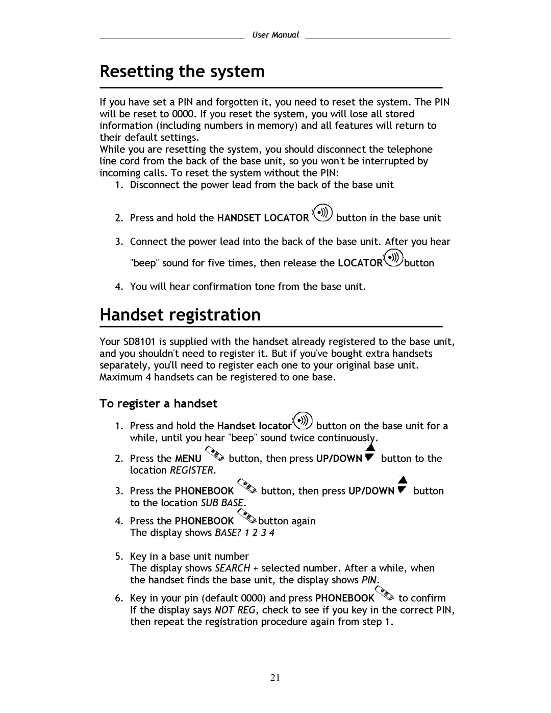 Shiro SD8101 user manual Resetting the system, Handset registration, To register a handset 