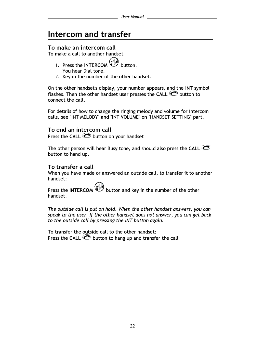 Shiro SD8101 user manual Intercom and transfer, To make an intercom call, To end an intercom call, To transfer a call 