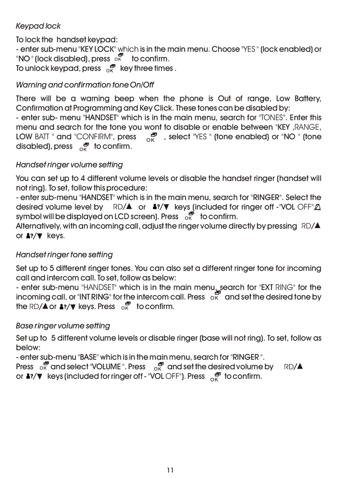 Shiro SD8141 manual Keypad lock, Handset ringer volume setting, Handset ringer tone setting, Base ringer volume setting 