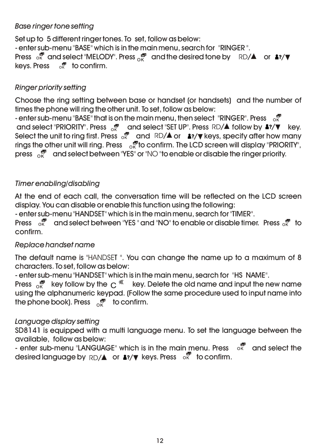 Shiro SD8141 manual Base ringer tone setting, Ringer priority setting, Timer enabling/disabling, Replace handset name 