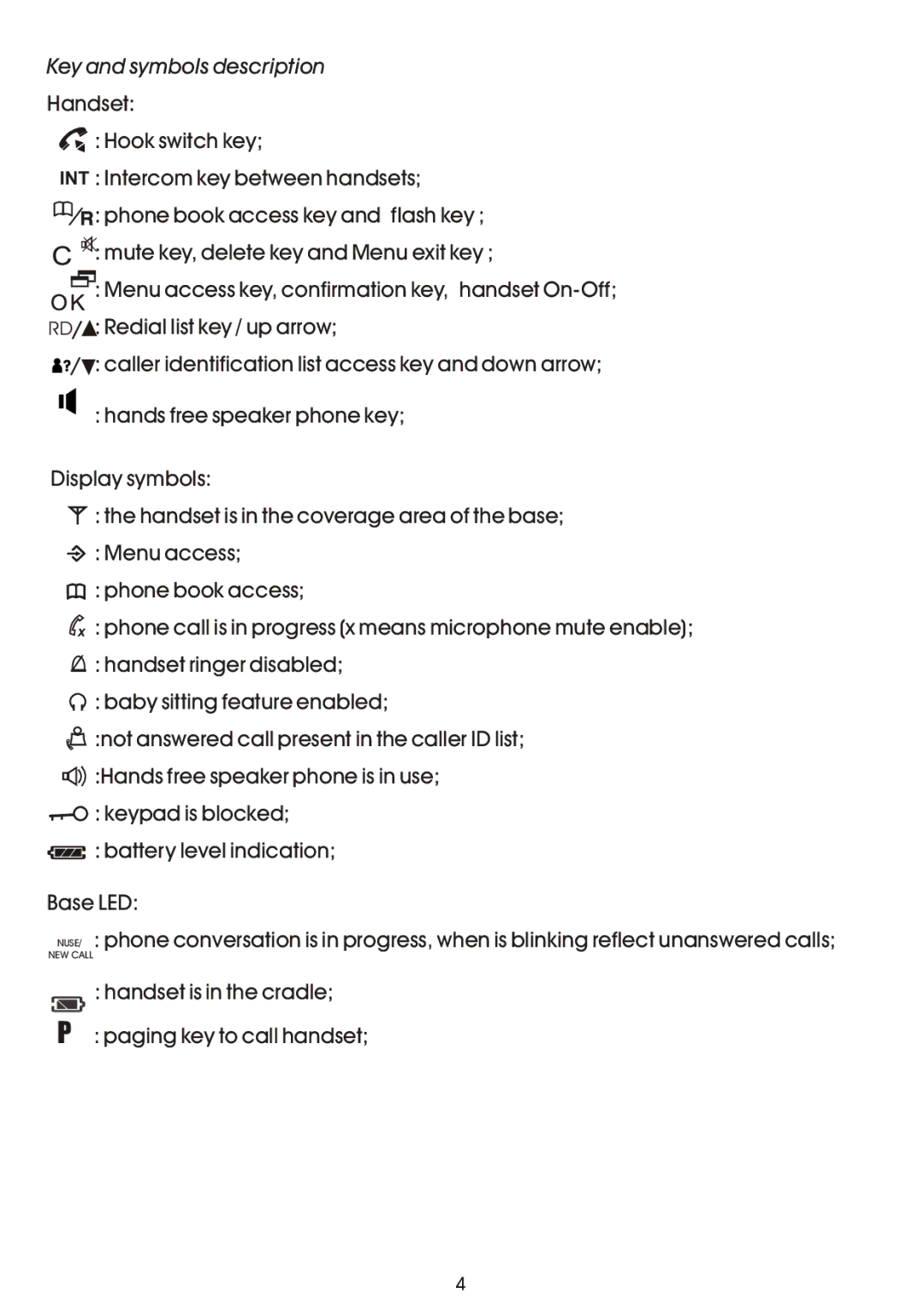 Shiro SD8141 Key and symbols description, Redial list key / up arrow, Caller identification list access key and down arrow 