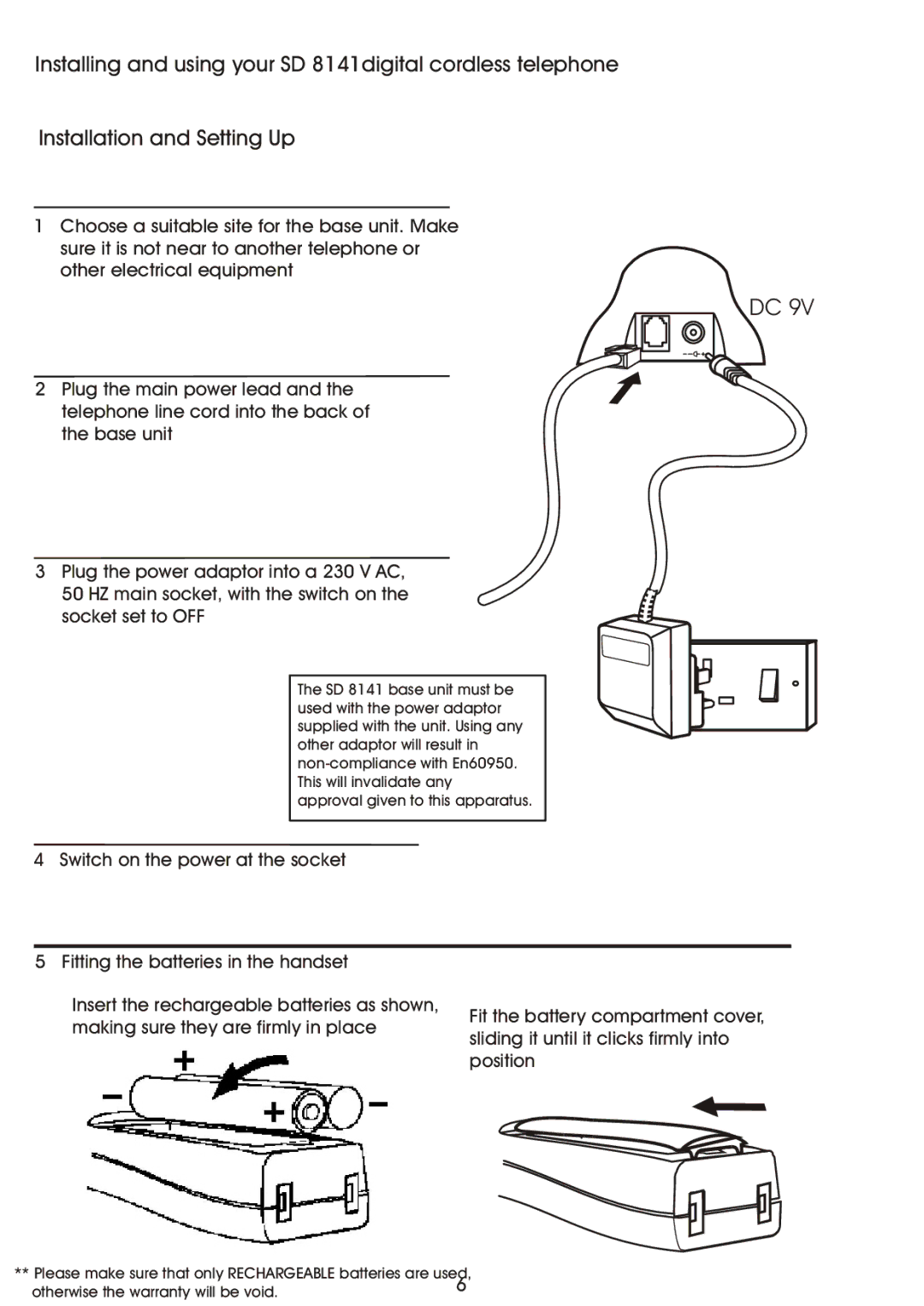 Shiro SD8141 manual Installing and using your SD 8141digital cordless telephone, Installation and Setting Up 