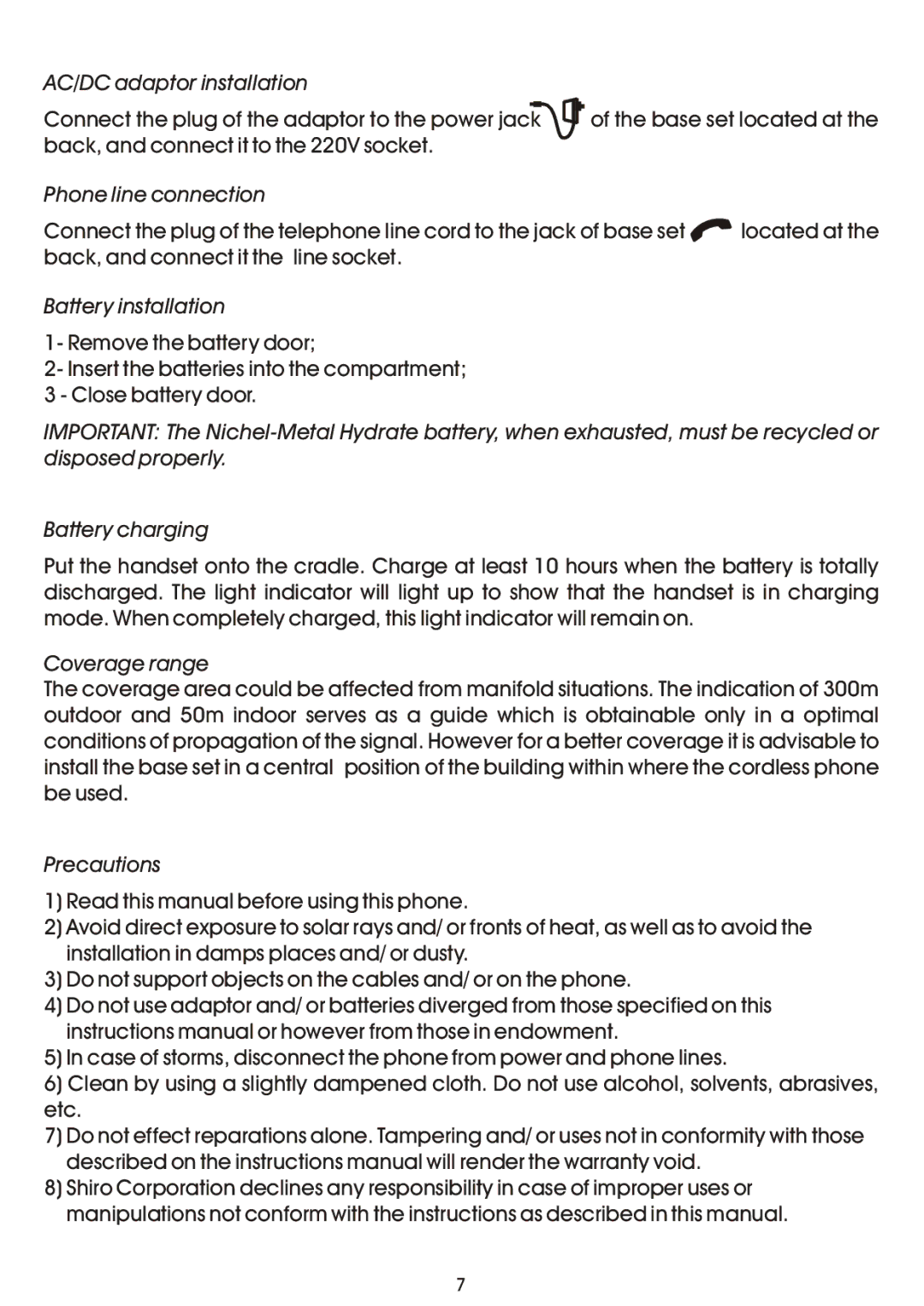 Shiro SD8141 AC/DC adaptor installation, Phone line connection, Battery installation, Battery charging, Coverage range 