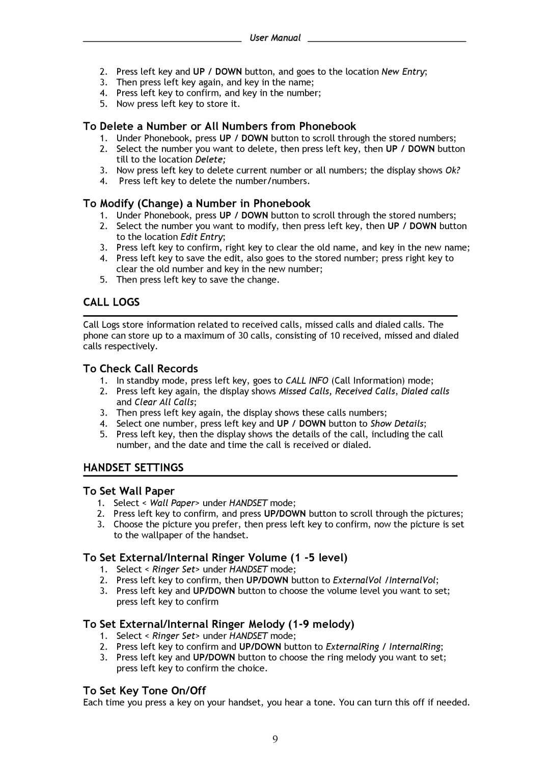 Shiro SD8301 user manual Call Logs, Handset Settings 