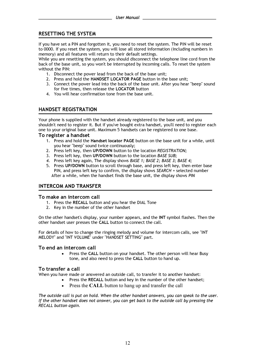 Shiro SD8301 user manual Resetting the System, Handset Registration, Intercom and Transfer 