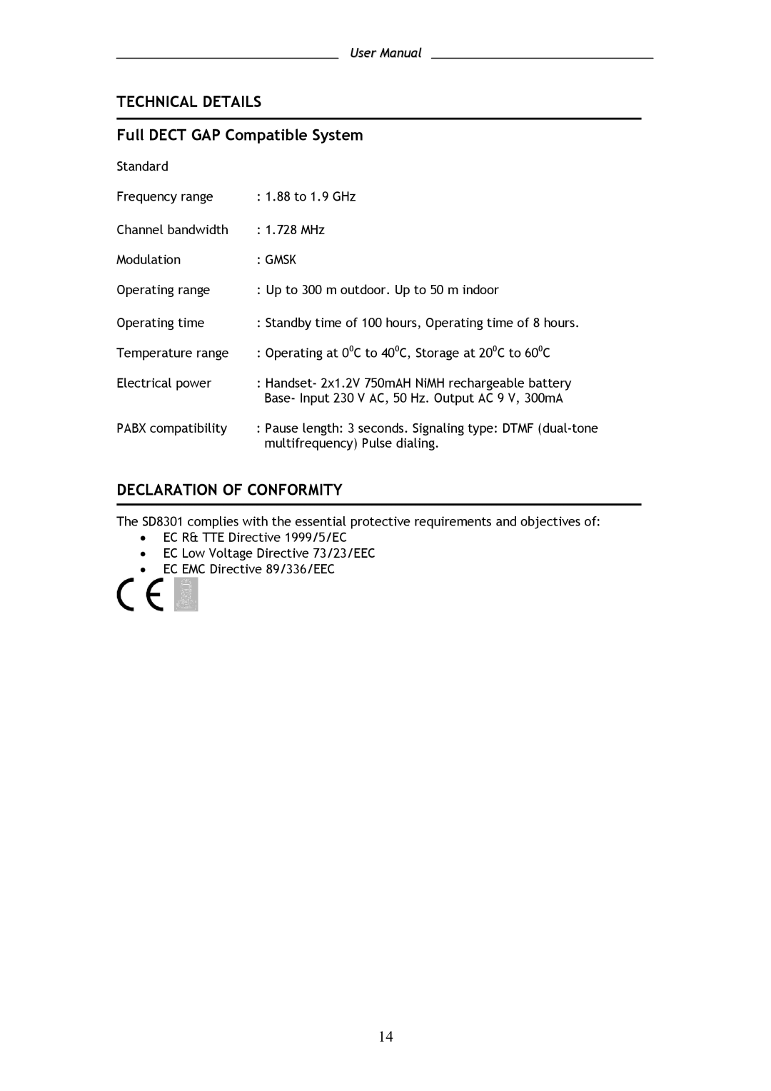 Shiro SD8301 user manual Technical Details, Full Dect GAP Compatible System, Declaration of Conformity 