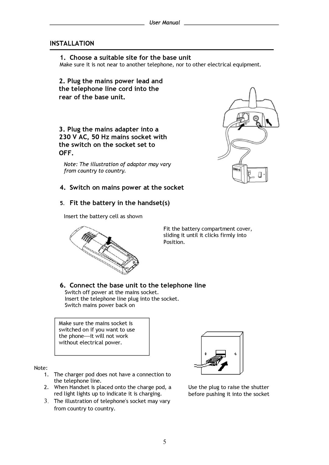 Shiro SD8301 Installation, Choose a suitable site for the base unit, Connect the base unit to the telephone line 