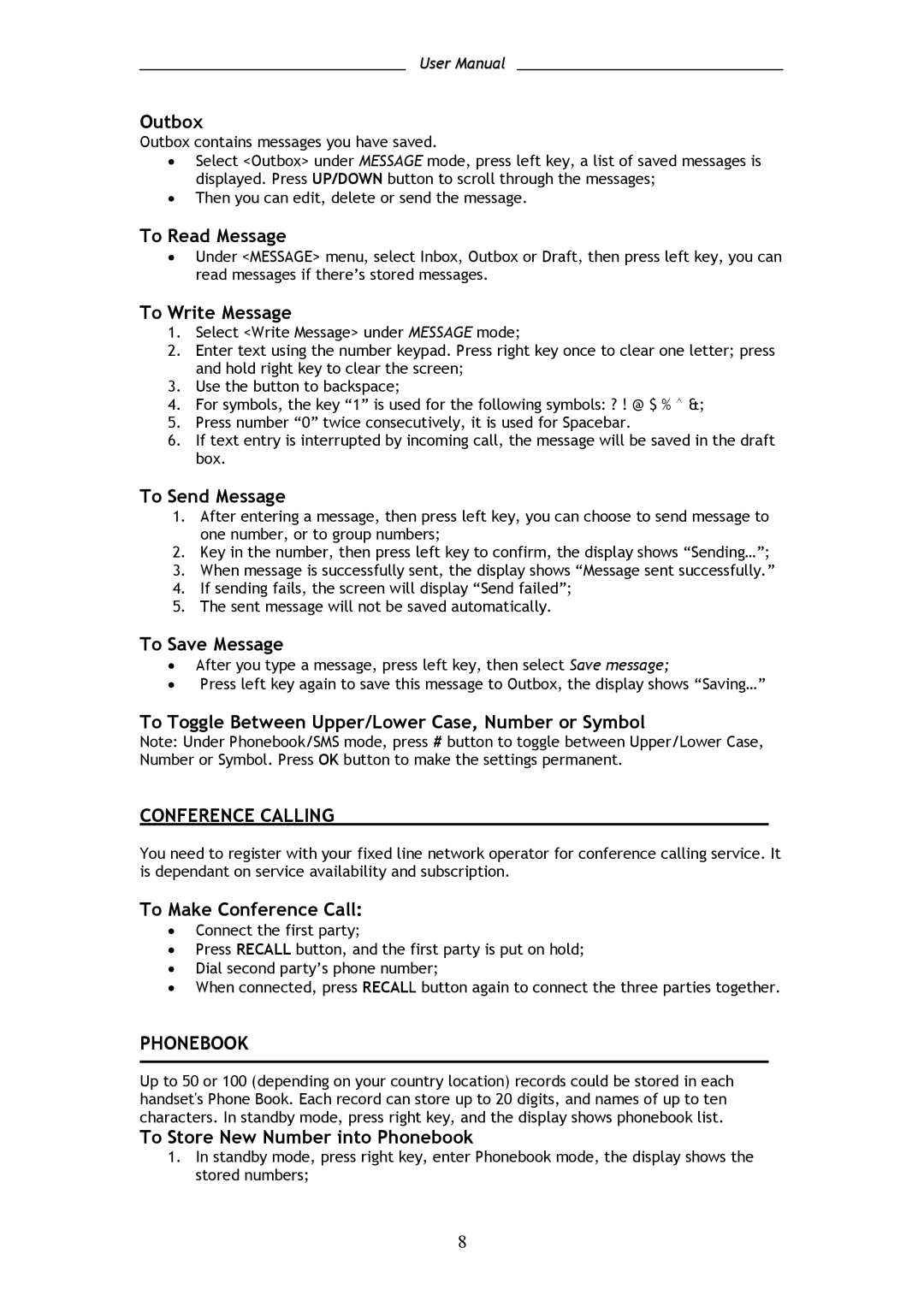 Shiro SD8301 user manual Conference Calling, Phonebook 