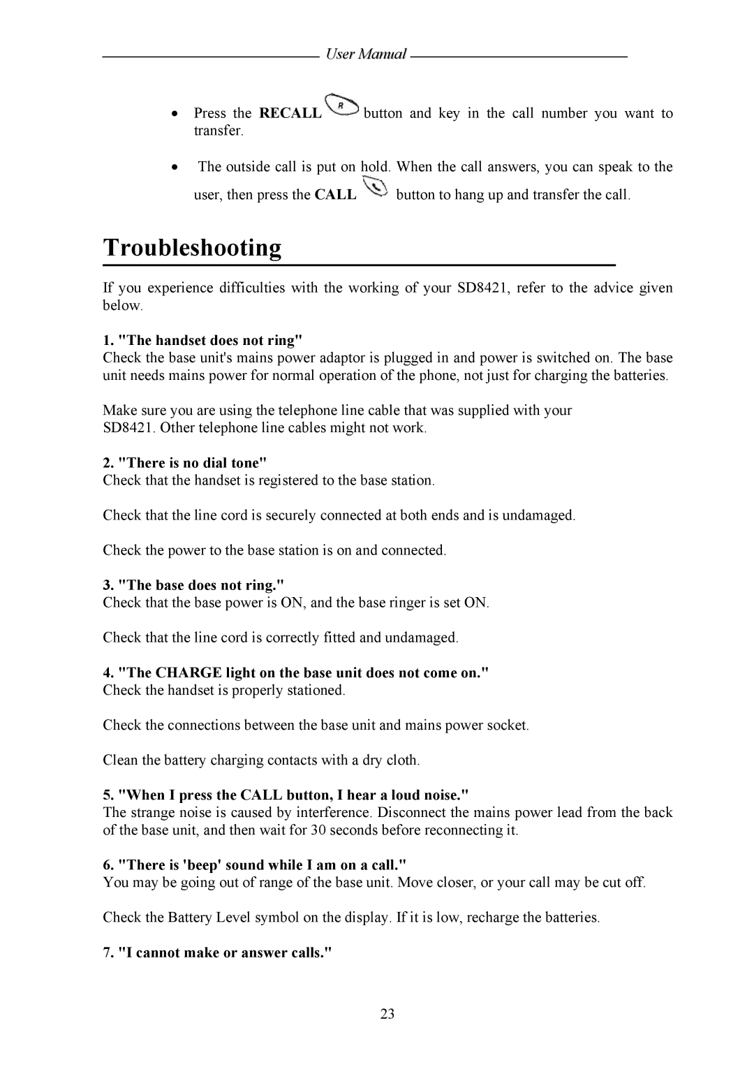 Shiro SD8421 user manual Troubleshooting, Handset does not ring 