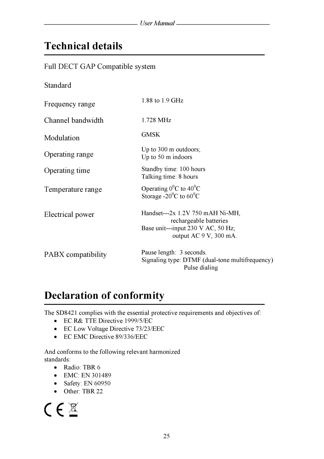 Shiro SD8421 user manual Technical details, Declaration of conformity 