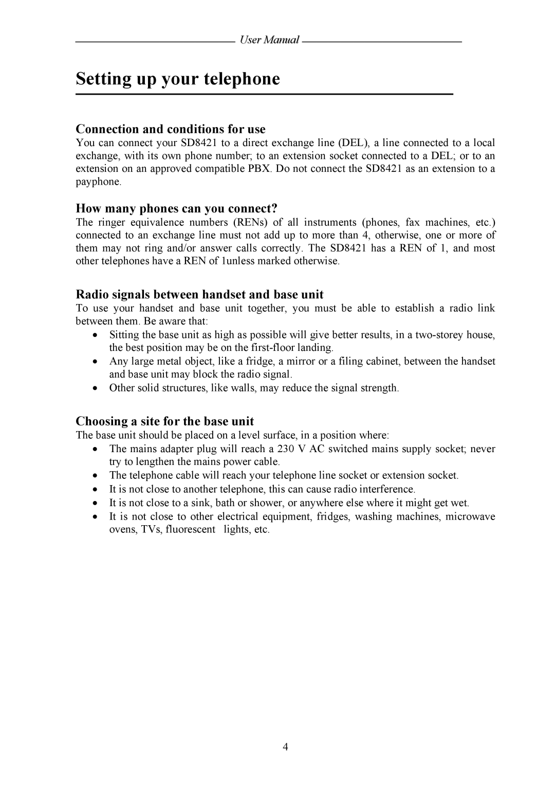 Shiro SD8421 user manual Setting up your telephone, Connection and conditions for use, How many phones can you connect? 