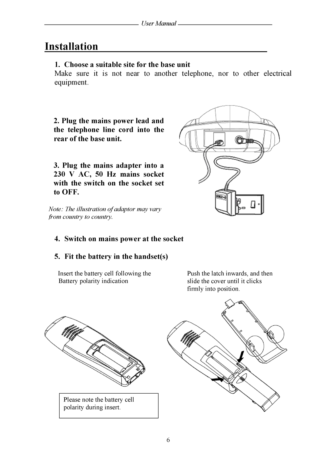 Shiro SD8421 user manual Installation, Choose a suitable site for the base unit 