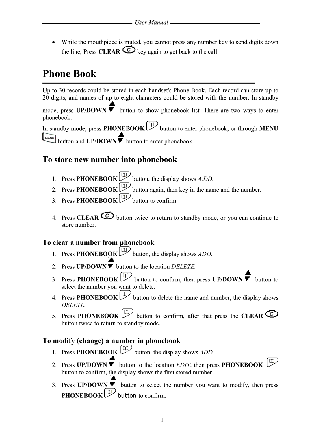 Shiro SD8501 user manual Phone Book, To clear a number from phonebook, To modify change a number in phonebook, Delete 