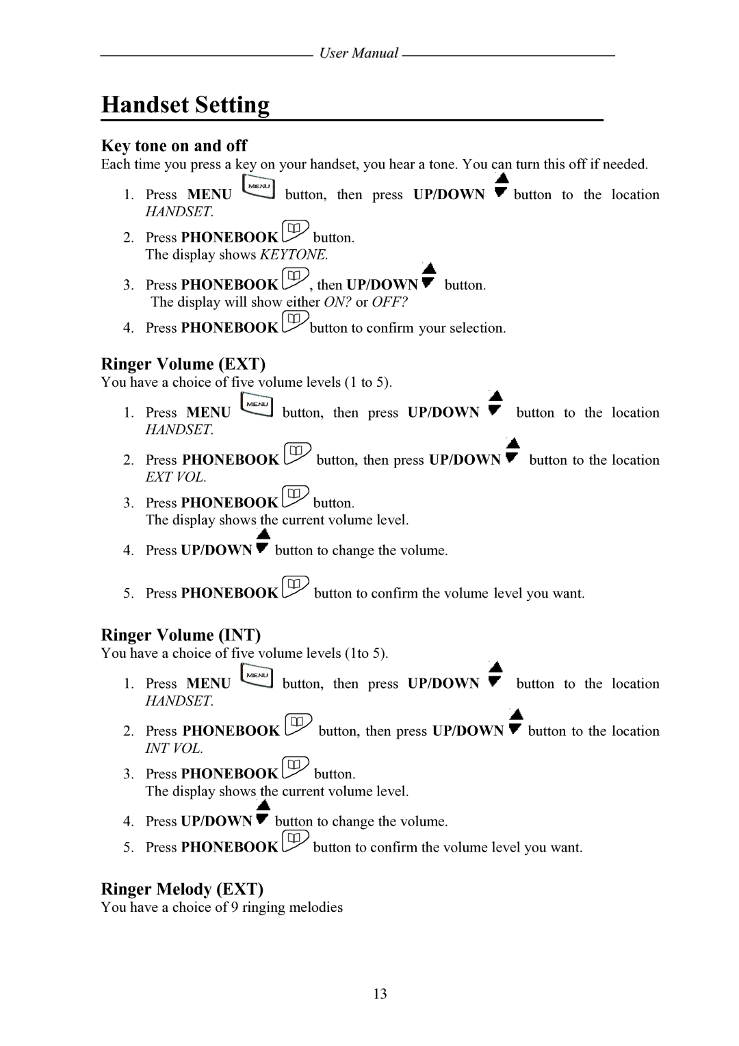 Shiro SD8501 user manual Handset Setting, Key tone on and off, Ringer Volume EXT, Ringer Volume INT, Ringer Melody EXT 