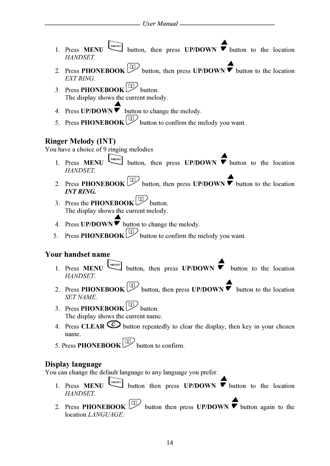 Shiro SD8501 user manual Ringer Melody INT, Your handset name, Display language, EXT Ring, SET Name 