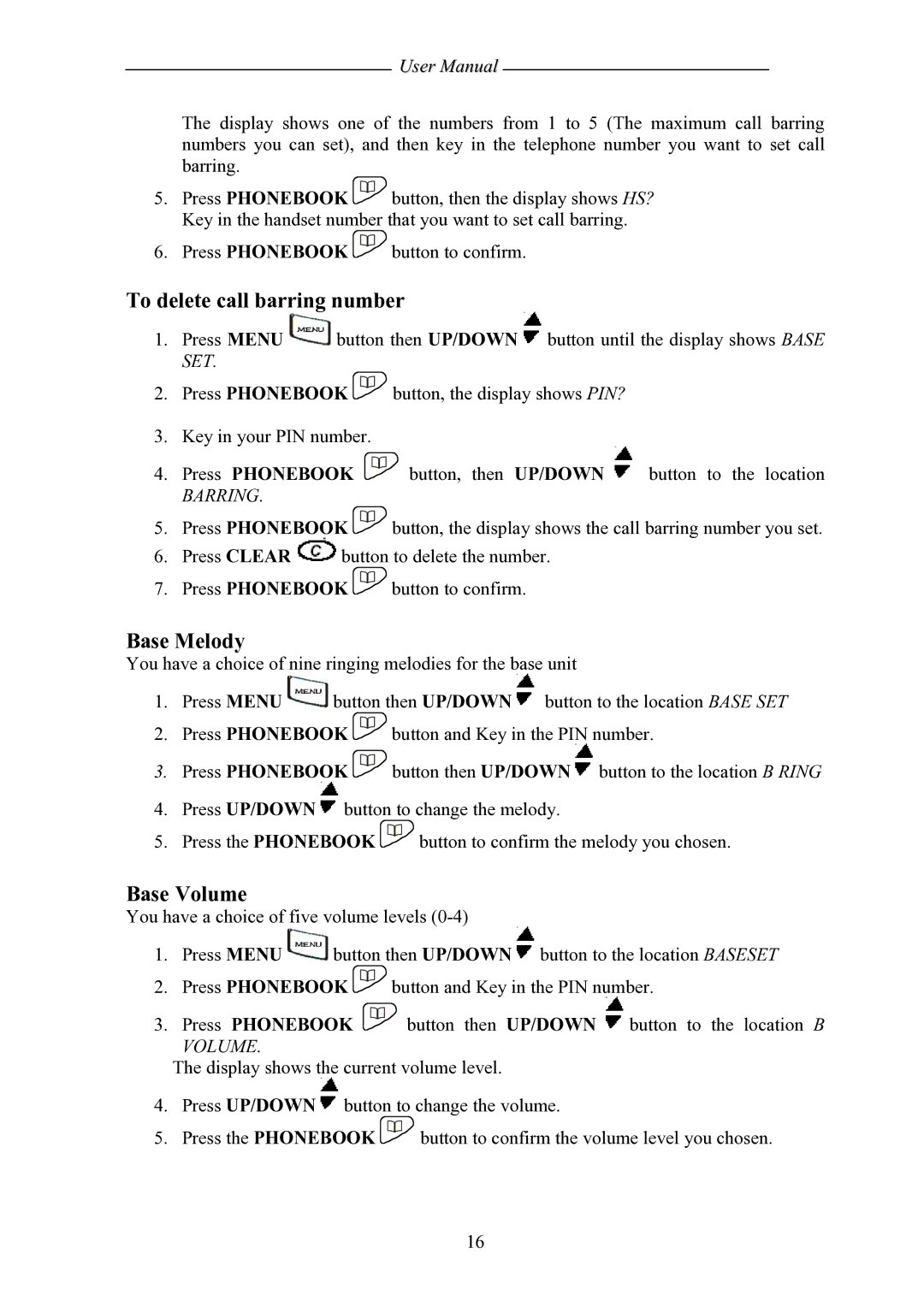 Shiro SD8501 user manual To delete call barring number, Base Melody, Base Volume, Barring 