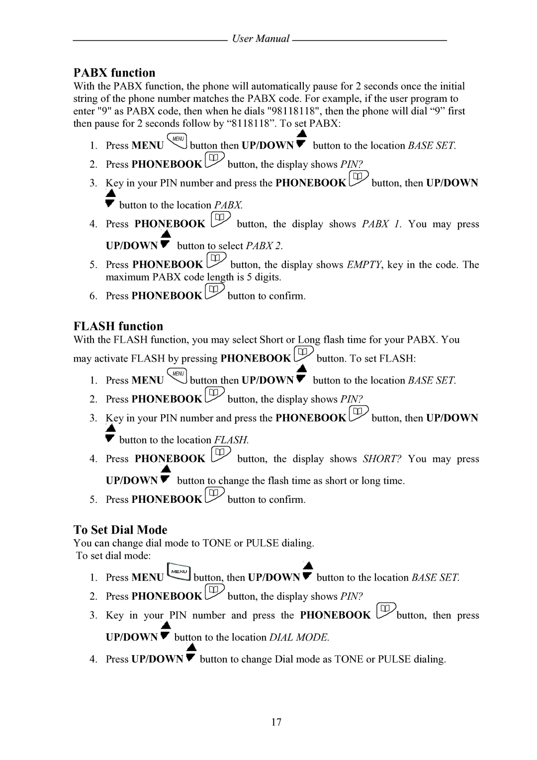 Shiro SD8501 user manual Pabx function, Flash function, To Set Dial Mode 