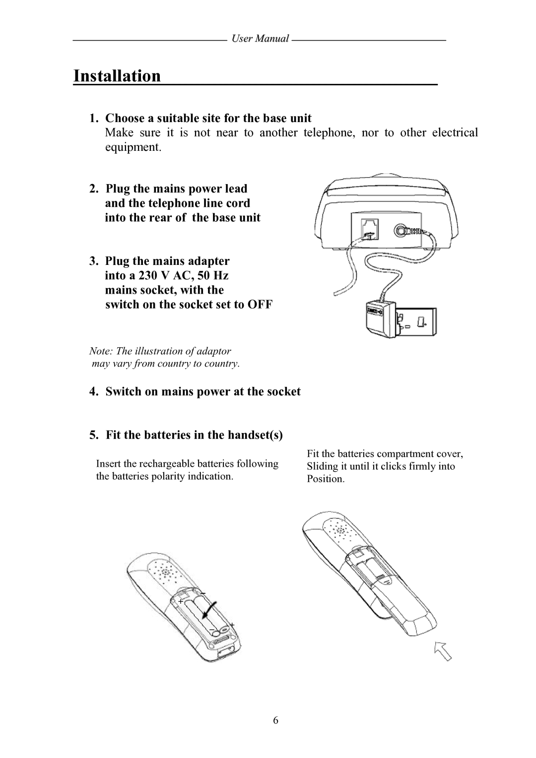 Shiro SD8501 user manual Installation, Choose a suitable site for the base unit 