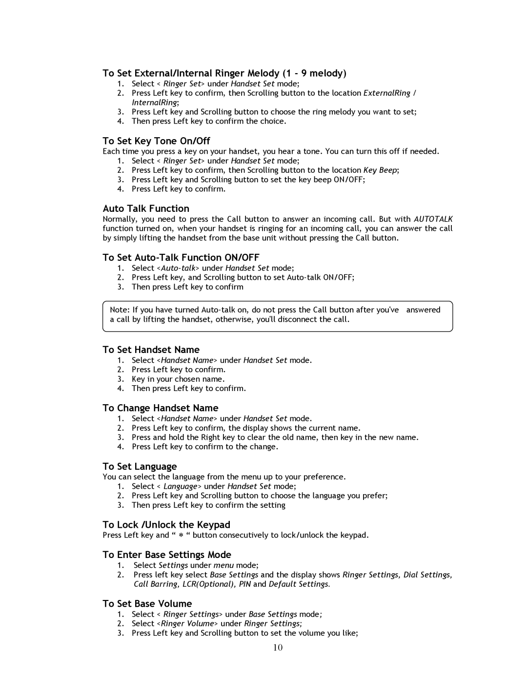 Shiro SK9151 user manual To Set External/Internal Ringer Melody 1 9 melody, To Set Key Tone On/Off, Auto Talk Function 