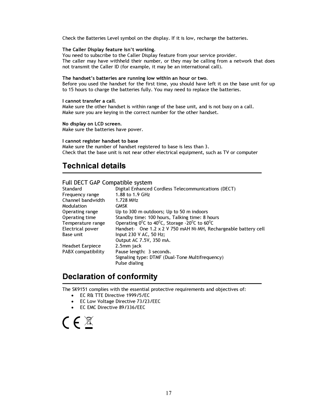 Shiro SK9151 user manual Technical details, Declaration of conformity 