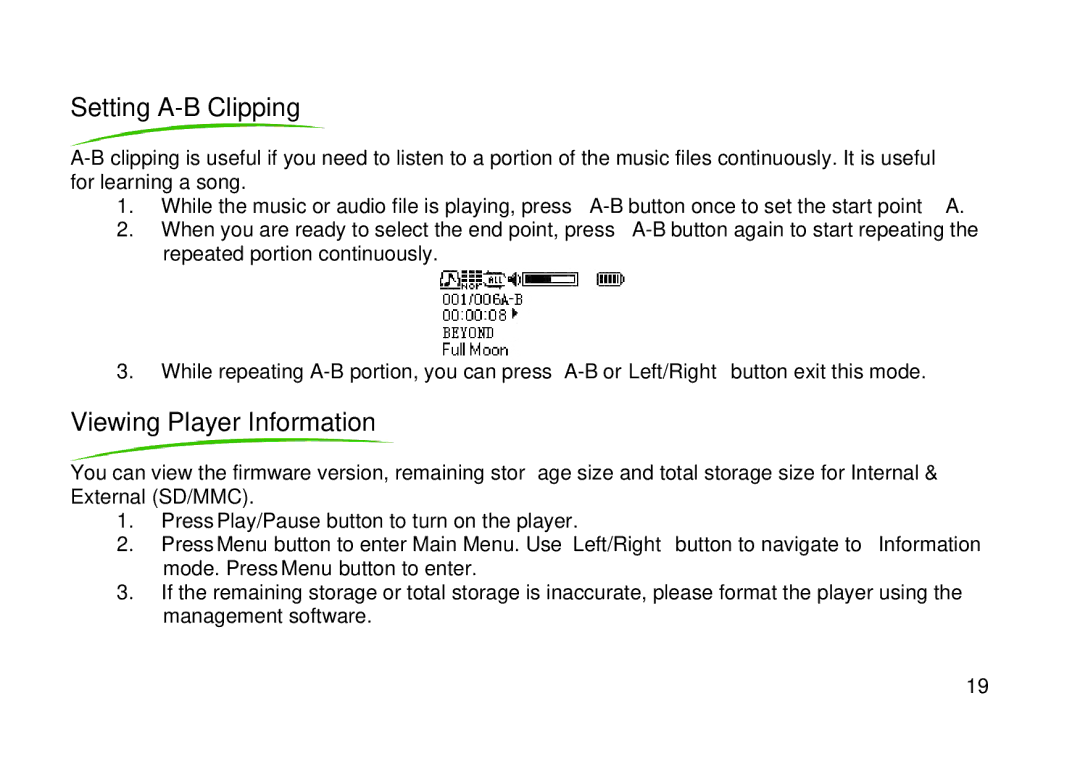 Shiro SX manual Setting A-B Clipping, Viewing Player Information 