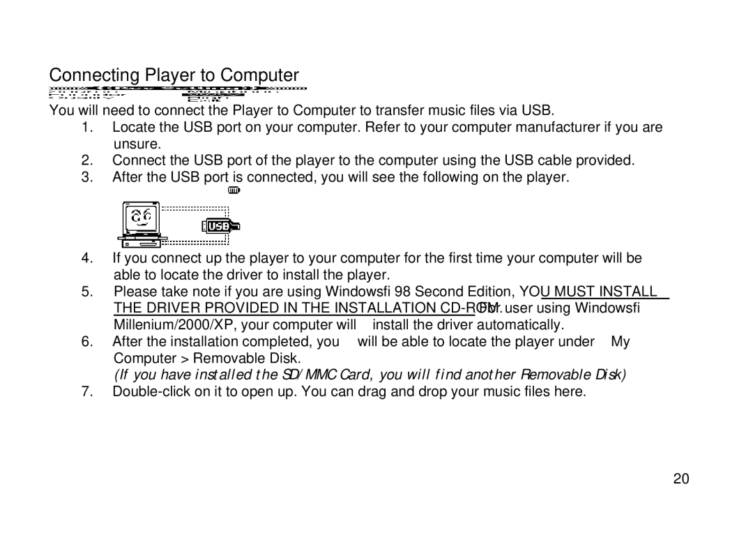 Shiro SX manual Connecting Player to Computer, Computer Removable Disk 