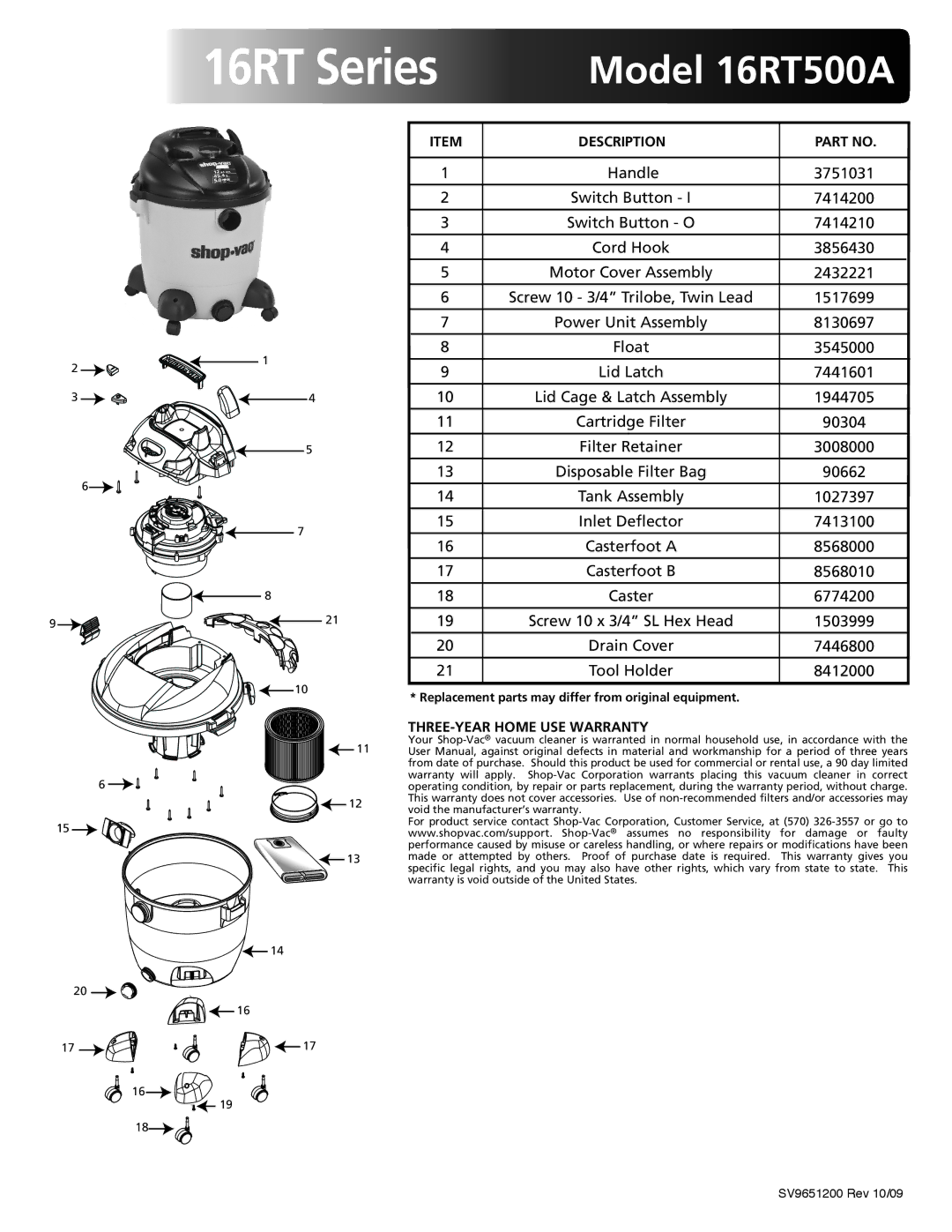 Shop-Vac warranty 16RT Series, Model 16RT500A, Description, THREE-YEAR Home USE Warranty 