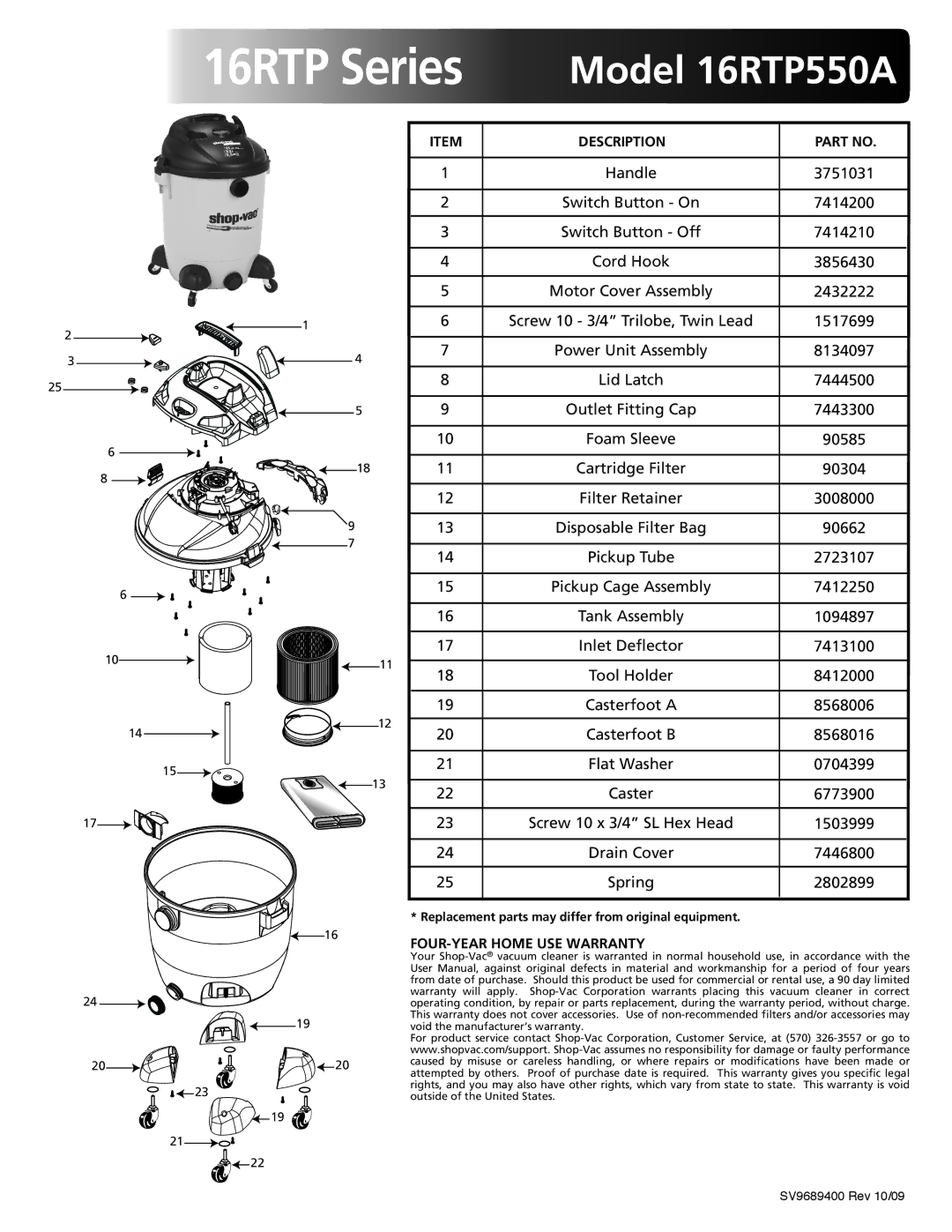 Shop-Vac warranty 16RTP Series, Model 16RTP550A 