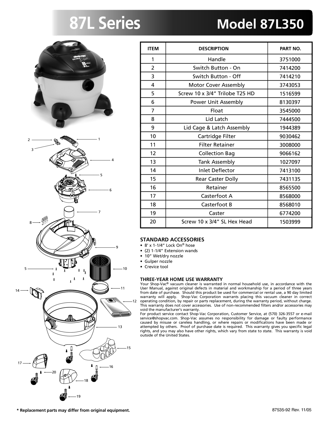 Shop-Vac warranty 87L Series, Model 87L350, Standard Accessories, Description, THREE-YEAR Home USE Warranty 