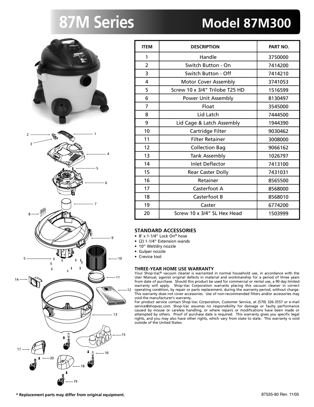 Shop-Vac warranty 87M Series, Model 87M300, Standard Accessories, Description, THREE-YEAR Home USE Warranty 