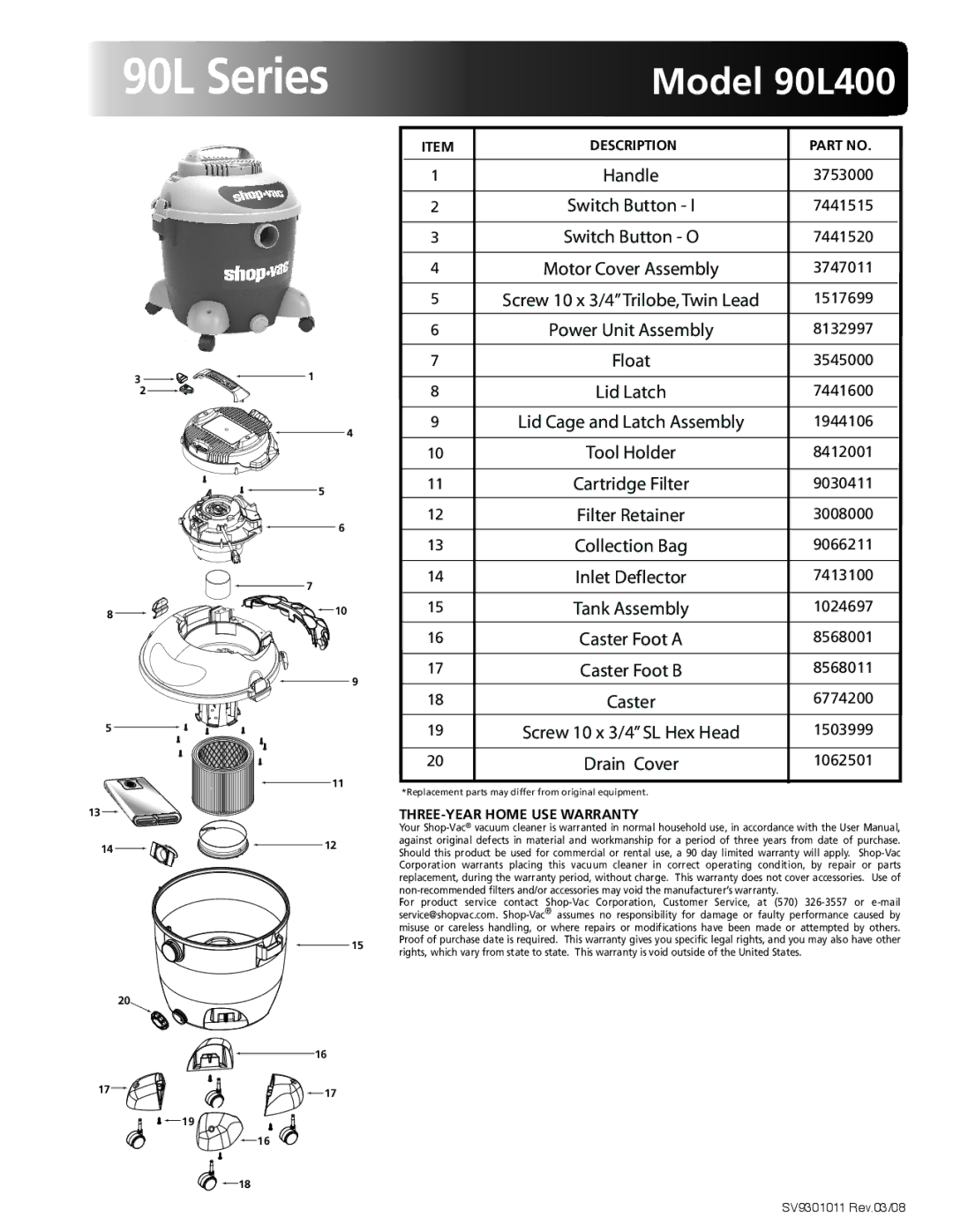 Shop-Vac warranty 90L Series, Model 90L400, Inlet Deflector 