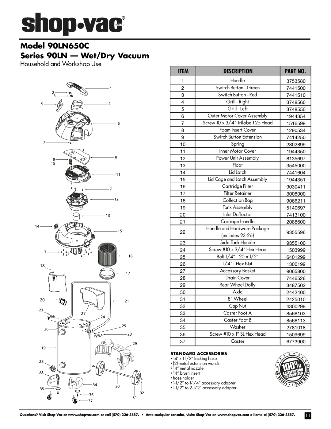 Shop-Vac 90LN important safety instructions Bolt 1/4 20 x 1/2, Axle, Standard Accessories 