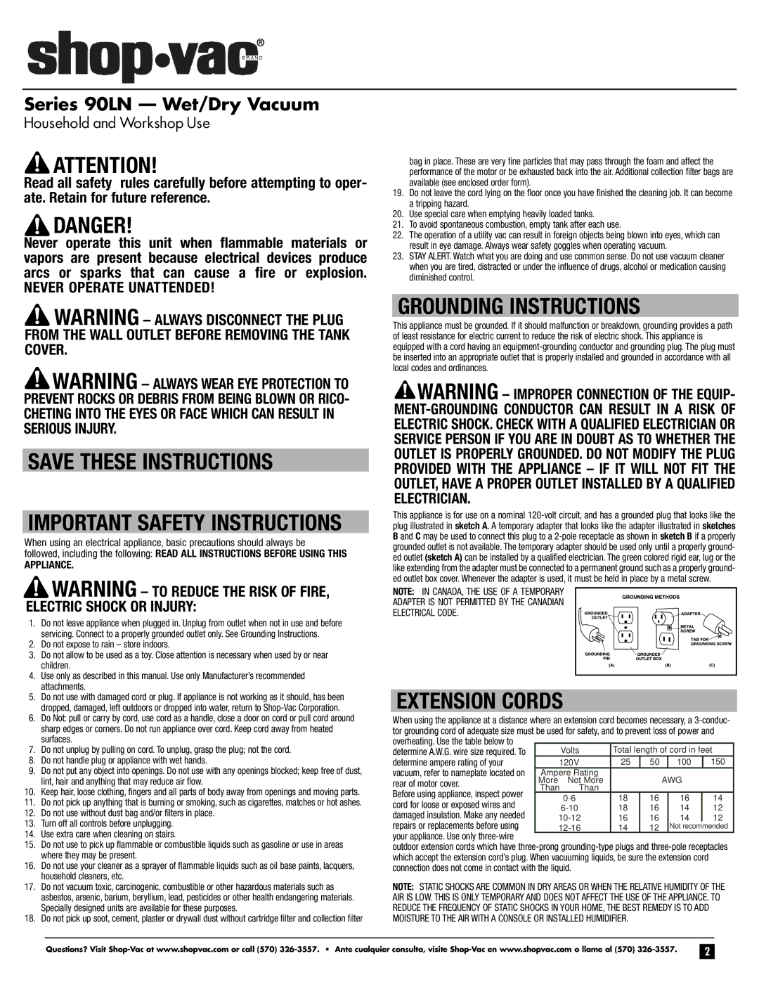 Shop-Vac 90LN important safety instructions Appliance, Your appliance. Use only three-wire 