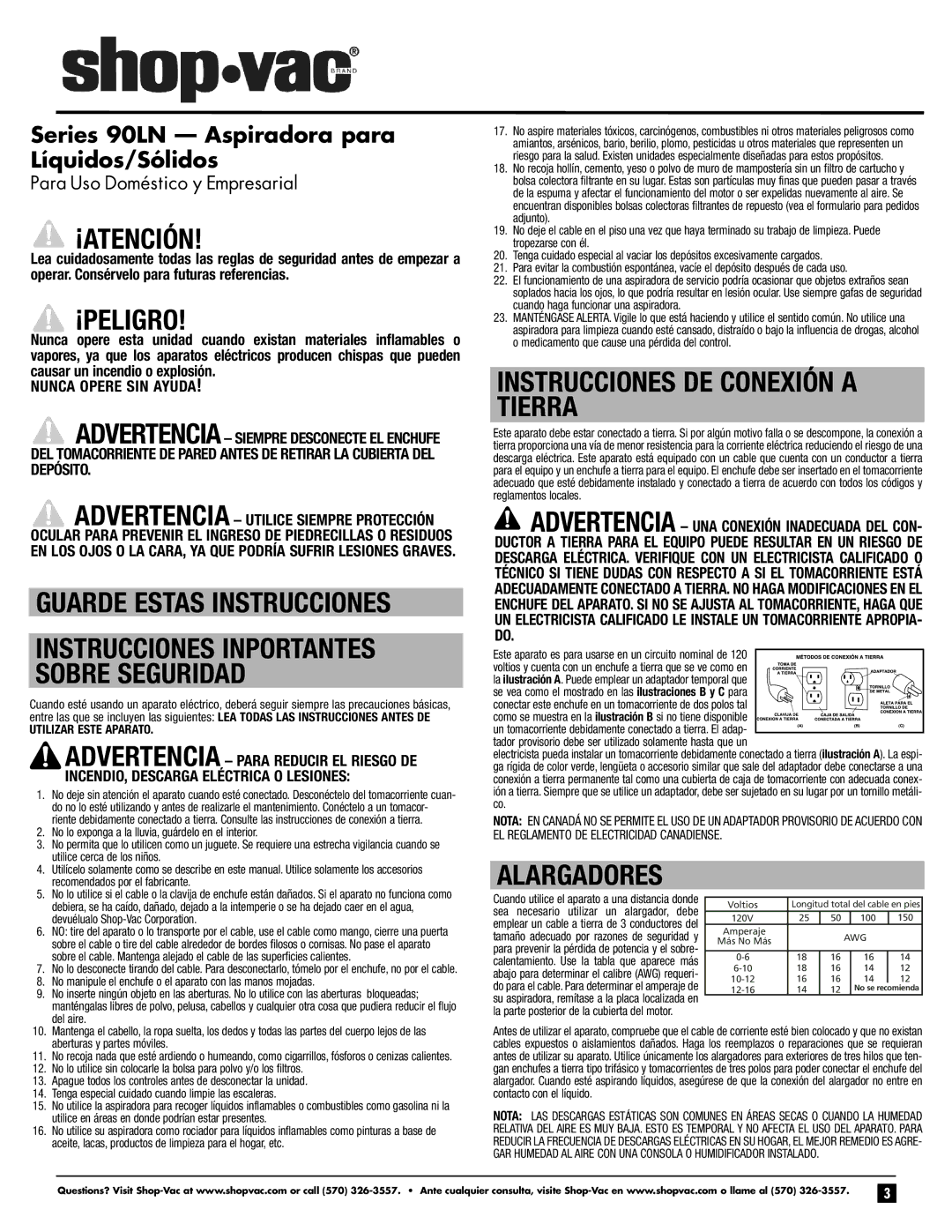 Shop-Vac 90LN important safety instructions Nunca Opere SIN Ayuda 