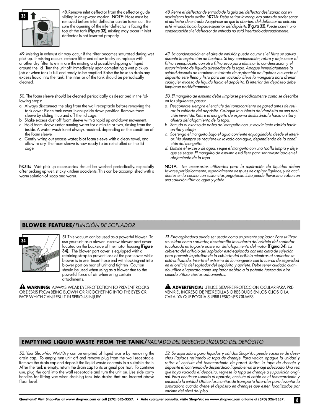 Shop-Vac 90LN important safety instructions Blower FEATURE/FUNCIÓN DE Soplador 