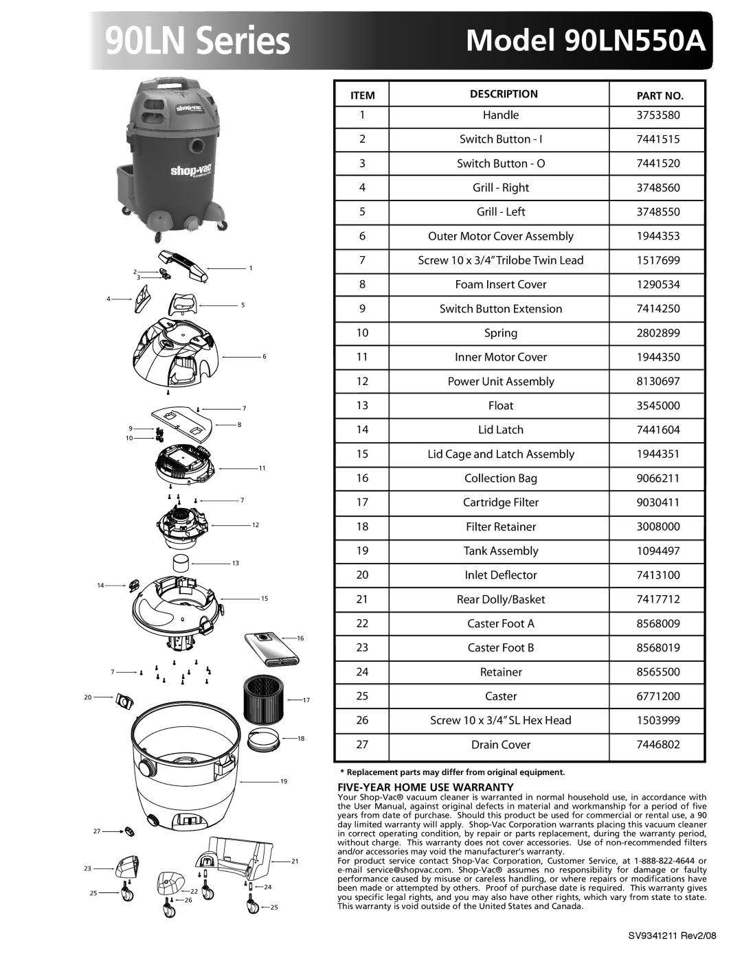 Shop-Vac warranty 90LN Series, Model 90LN550A 