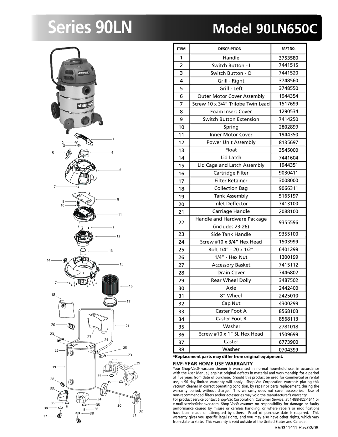 Shop-Vac warranty Series 90LN, Model 90LN650C, FIVE-YEAR Home USE Warranty 